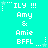 Cyan background with white pixelated text and star symbols arranged in a pattern, showing repeated phrases 'ILY !!!', 'Amy & Amie BFLL' across multiple