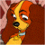 Pixelated cartoon dog with long brown hair and yellow face stripe, wearing light blue collar, against pink background with red shapes