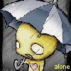 Yellow cartoon character with large eyes holding a blue-and-white striped umbrella, standing in rain with a heart symbol on its chest.