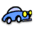 Pixelated blue car with rounded body, black wheels, yellow headlights, and light purple windshield on white background.
