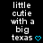 Pixelated text reads 'little cutie with a big texas' in white on black, followed by a blue heart symbol.