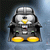 Pixelated penguin icon with gray body, yellow beak and feet, black wings, and white facial markings against a blue-gray gradient background.