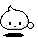Four pixel-art character variations with white rounded heads, black square eyes, pink cheek dots, and small mouths on a gray background.