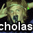 Pixelated greenish creature with glowing eyes and a green spot on its head, positioned above white text reading 'cholas' on a dark background.
