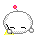 Pixelated white spherical character with closed eyes, pink flower on top, yellow feet, and gray limbs against a light gray background.