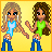 Pixel art animation of two female characters with long hair, one in blue shirt and jeans, the other in green shirt and jeans, against yellow background with speech bubbles.