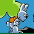 Pixelated character with light blue body, white accents, and orange headpiece holding green leaf against blue background.