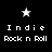 Pixelated star icons in white and cyan above text reading 'Indie Rock n Roll' on a black background, with some stars animated to change color.
