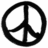 Black peace symbol on white background, red scribbled heart, yellow smiley face with headphones on black background, and solid gray square.