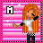 Pixel art character with long orange hair winking, wearing white shirt and black pants, standing against pink-purple striped background with white stars and black 'M' symbol.