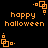Pixelated orange text and geometric shapes on black background, with 'happy halloween' repeated across multiple positions.