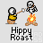Pixel art animation of two skeletal figures roasting marshmallows over a campfire with text "Hippy Roast" below.