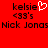 Red background with black pixelated text reading 'kelsie <3's Nick Jonas' and a white heart symbol, displayed in two identical side-by-side