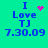 A turquoise background displays blue text reading "I Love TJ 7.30.09" with four variations of pink pixelated symbols above the "I".