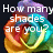 Pixelated image with white text 'How many shades are you?' over a multicolored gradient background of purple, blue, green, yellow, and orange hues.