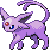 Pixelated purple Pokémon Eeveelution with heterochromatic eyes, black wing-like markings, and a curved tail on gray background.