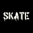 Two side-by-side pixelated text displays of 'SKATE' with dripping effects, one on black background and one on white background.
