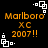 Four identical pixelated orange text blocks on black background with white square corner accents, each reading 'Marlboro XC 2007!!' in a retro digital font.
