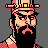 Pixel art portrait of a character with long black hair, mustache, and goatee wearing a pinkish-red hat and checkered clothing against gray background.