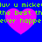 Blue background with four pink hearts and green pixelated text reading 'luv u mickey the best th ever happe' repeated twice.
