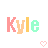 Pixelated text 'Kyle' in pink, orange, and green letters with animated heart symbols below on a white background.
