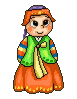 A pixel-art character in traditional attire cycles through standing, kneeling, and seated poses with varying facial expressions.