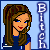 Pixel art contact sheet showing two animated frames of a female character with brown hair and blue eyes, each next to vertical text reading "Bitch" on light blue background.