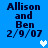 Blue background with dark blue text reading "Allison and Ben 2/9/07" and white pixelated hearts appearing in different positions across frames.