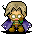 Pixelated character with blonde hair, green eyes, and glasses wears purple cape over brown outfit; four variations show different eye expressions including white sparkles and yellow star.