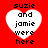 Red background with four white heart shapes containing black pixelated text reading "suzie and jamie were here" in a