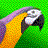 Pixelated bird head with yellow-orange body, purple wing section, white face patch, and black beak against green background.