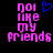 Pixelated text 'noi like my friends' in pink with a blue heart symbol above the word 'like', displayed on black background.