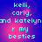 Pixelated text on a blue-to-pink gradient background with four identical showing names and 'besties' in light blue