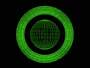 Green circular and atomic-shaped patterns animate on a black background, transitioning through multiple configurations.