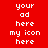 Red background with white pixelated text 'your ad here my icon' , featuring cyan highlight bars over specific words across frames