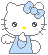 Pixelated white cat with blue bow and dress, yellow nose, pink cheeks; left view shows open eyes, right view has closed eye with yellow sparkles.
