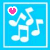 Two side-by-side pixelated frames show a blue background with white musical notes and a heart symbol; the left frame has a pink heart, right frame has a light blue heart.