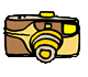 Four cartoon-style cameras arranged in a , each with brown and yellow body , black outlines, and visible lens details