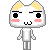 Pixelated white cat-like avatar with yellow ears, black eyes, pink cheeks, and a small mouth, standing against gray background.