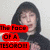 Pixelated image of a person with long dark hair wearing a black hooded garment, overlaid by red text boxes containing partial words.