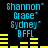 Pixelated cyan text displays 'Shannon Grace Sydney BFFL' above yellow horizontal bars on a black background, with two identical frames showing different bar patterns.
