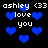 Pixelated blue hearts and white text reading 'ashley <33 love you' on a black background, with repeated patterns of the same elements.