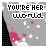 Pixelated icon with 'YOU'RE HER WORLD' text above a gray and black background featuring pink splatters, white dots, and a partial figure.