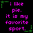 Pixelated text in bright pink on black background with green star and dot accents, repeating 'i like pie. it is my favorite sport.' in a