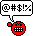 Red pixelated face with white teeth and black eyes, each in a speech bubble containing unique symbol sequences on gray background.
