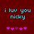 Two identical pixelated text displays on a dark red background with cyan text and pink hearts, showing slight animation differences in heart positions.