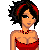 Pixel art contact sheet showing a female character in red top and black pants with checkered patches, alongside a 'Rock On' logo featuring a hand gesture.