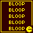 Yellow pixelated text "BLOOP" repeated five times vertically on dark brown background with yellow border and small yellow icon in bottom-right corner.