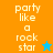Pixelated text 'party like a rock star' on split orange and blue backgrounds with a blue star icon on orange and an orange star icon on blue.