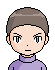 Pixelated character with short brown hair and green eyes in two states: eyes open and eyes closed, wearing a purple turtleneck against gray background.